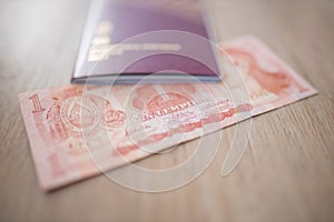 Swedish Passport and a One Honduran Lempira Bill on a Wooden Table