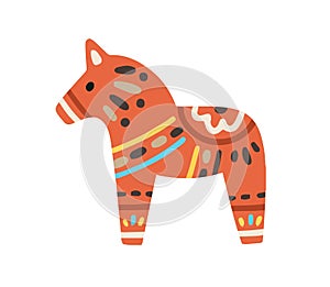 Swedish red horse or dalahorse with ornament. Scandinavian dala figurine with pattern. Nordic souvenir. Colored flat photo