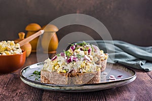 Swedish salad with anchovies, potatoes and egg on rye bread on a plate