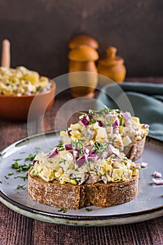 Swedish salad with anchovies, potatoes and egg on rye bread on a plate vertical view