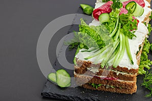 Swedish sandwich cake Smorgastarta. Traditional served cold snack, ready to eat