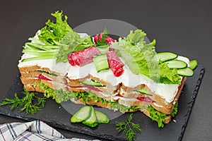 Swedish sandwich cake Smorgastarta. Traditional served cold snack, ready to eat