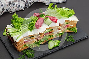 Swedish sandwich cake Smorgastarta. Traditional served cold snack, ready to eat