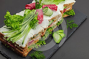 Swedish sandwich cake Smorgastarta. Traditional served cold snack, ready to eat