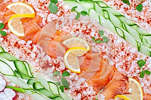 Swedish sandwich like cake or sandwich torte is a dish with seafood ingredients like salmon, shrimps and prawns