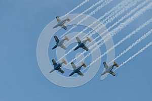 Swedish Team 60 air display group performing aerobatic manoeuvrers..