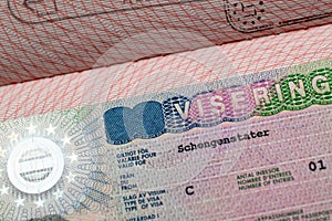 Swedish visa stamp in a travel passport, Sweden Schengen visa, immigrant