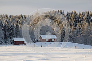 Swedish wooden houses in snowy scenic winter landscape