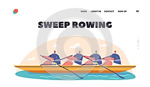 Sweep Rowing Landing Page Template. Four Athletes Swim On Boat. , People Enjoy Active Water Sports Game, Extreme Games