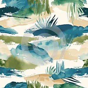 Sweeping blue and neutral watercolor strokes evoke serene beachscapes, accented with tropical greenery