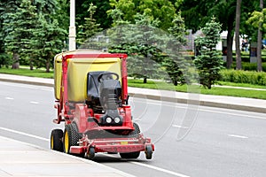 Sweeping cleaning sweeper. Small-sized sweeper and sweeper vehicle. Special equipment for cleaning streets. Road and