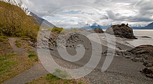 Sweeping gravel beach on the Turnagain Arm bay near Anchorage Alaska USA