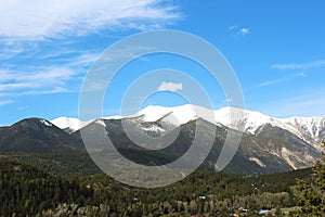 Sweeping landscape view of Mount Princeton, peaks covered in snow, in May in Nathrop, Colorado photo