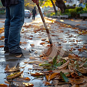 Sweeping leaves on a cement patio, mans effort brings cleanliness
