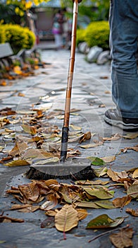 Sweeping leaves on a cement patio, mans effort brings cleanliness