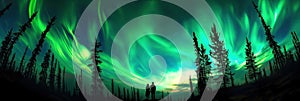 Sweeping Northern Lights Over Majestic Forest: Spectacular view of the Northern Lights swirling over a dense boreal forest,