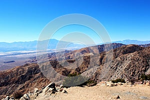 Sweeping view of the Coachella Valley, mountains and mesas from Key\'s View in Joshua Tree National Park, CA