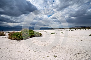 Sweeping, wide angle view of the decaying beach at the Salton Sea in California, as storm clouds roll in