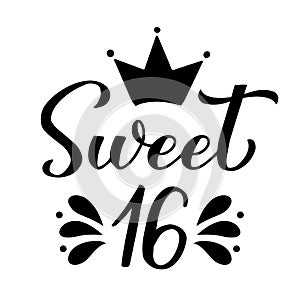 Sweet 16 calligraphy hand lettering isolated on white. 16th birthday celebration inscription. Sweet sixteen typography