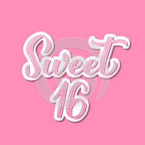 Sweet 16 calligraphy hand lettering on pink background. 16th birthday celebration inscription. Sweet sixteen typography
