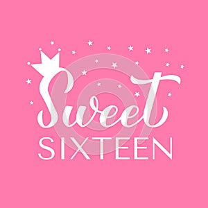 Sweet 16 calligraphy lettering on pink background. 16th birthday celebration inscription. Sweet sixteen typography
