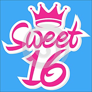 Sweet 16 greeting card with crown, celebrating 16th anniversary, vector