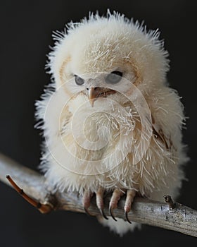 Sweet Adorable Fluffy White Owl Chick Perched on Tree Branch in Dark Background
