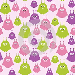 Sweet aliens vector seamless pattern. Cute cartoon creatures texture in colors of pink, purple and green