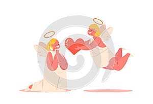 Sweet Angelic Boy With A Heart Full Of Love Offers A Bright Red Heart To His Angelic Companion, Vector Illustration