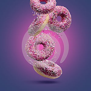 Sweet appetizing donuts on a pink-blue background.