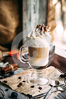 Sweet appetizing mocaccino coffee in a glass