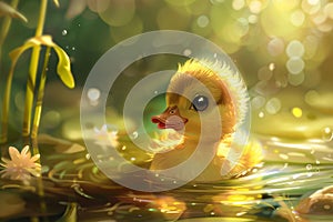 Sweet baby duckling swimming in a pond