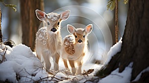 Sweet Baby Fawn Deer in The Wintery Wilderness. Generative AI