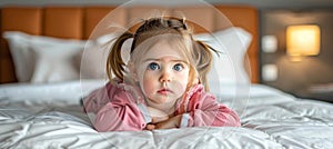 Sweet baby girl lying on white bed with blurred background, adorable infant resting peacefully