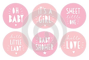 Cute Pink Baby Shower Vector Sticker Set. It`s a Girl Party.
