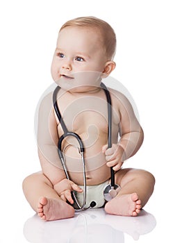 Sweet baby with stethoscope on a white background.