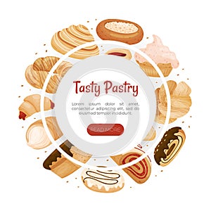 Sweet Bakery Food Banner Design with Baked Dough Pastry Vector Template