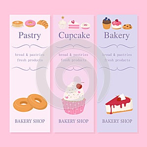 Sweet bakery and pastry banner set with text