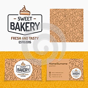 Sweet bakery set with logo consisting of cake and sign fresh and