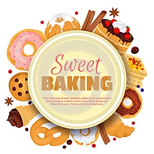 Sweet baking round poster template with tasty desserts design