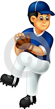 Sweet baseball player cartoon standing bring stick with laughing