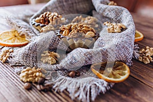 Sweet basket cake with condensed milk and nuts. Homemade baking.