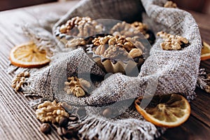 Sweet basket cake with condensed milk and nuts. Homemade baking.