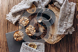 Sweet basket cake with condensed milk and nuts. Homemade baking.