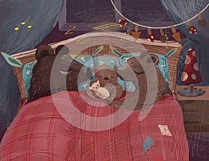 Cartoon animals for kids. Family bears with sleeping little cute baby bear. Digital painting illustration