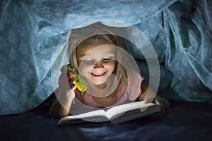 Sweet beautiful and pretty little blond girl 6 to 8 years old under bed covers reading book in the dark at night with torch light