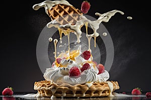 Sweet Belgian Waffle topped with Whipped Cream, Icecream, Berries and Caramel Sauce, AI Generative