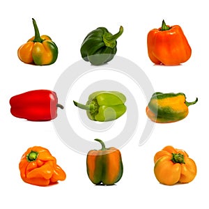 Sweet bell peppers in different colors and shapes. Vitamins and health from nature. Collage, Seth. Isolated on white background.