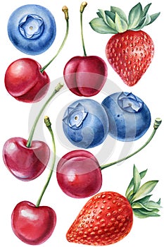 Sweet berries blueberries, cherries, strawberries on an isolated white background, watercolor illustration