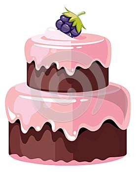 Sweet berry cake. Cartoon chocolate pastry with pink frosting